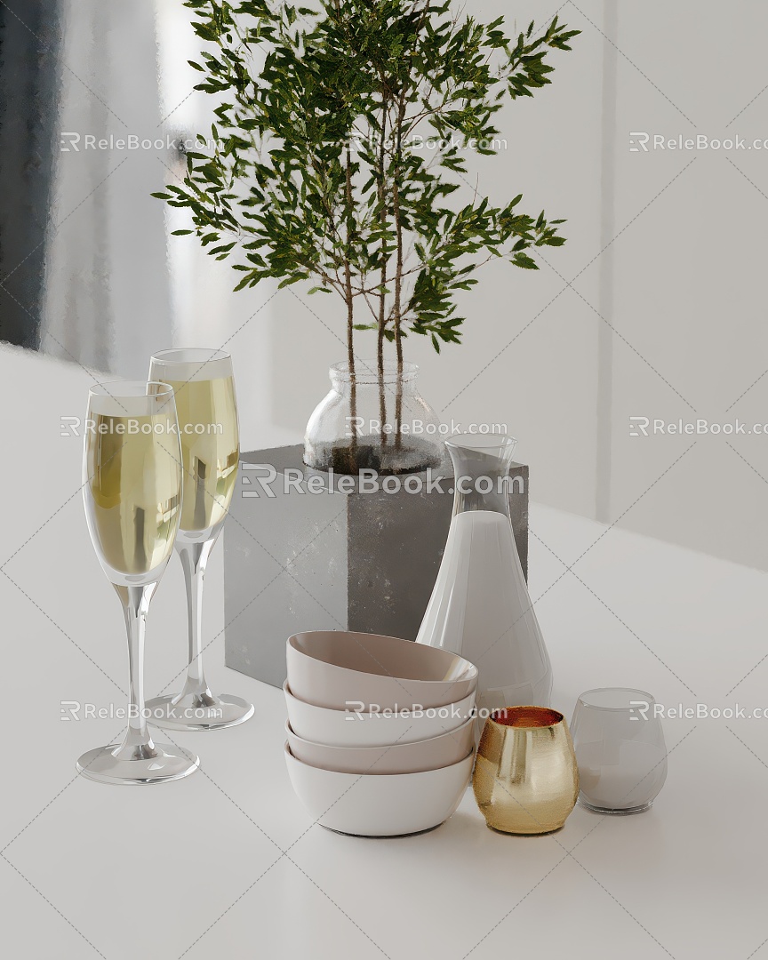 Kitchen ornaments goblet bowl green plant milk 3d model