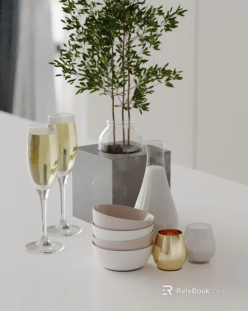 Elegant Tabletop Decor With Green Plant Champagne Glasses Bowls And Vases 3d model 