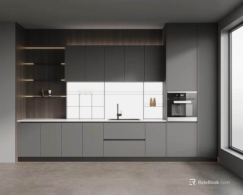 Modern Kitchen Interior With Gray Cabinets White Backsplash And Built In Appliances 3d model