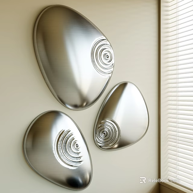 Silver Spiral Pattern Wall Decor in Irregular Shapes on Light Colored Wall with Window Blinds 3d model 