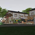 Traditional Rural Self Built House Courtyard With Millstones Wooden Wheels Green Trees And Stone Pavement