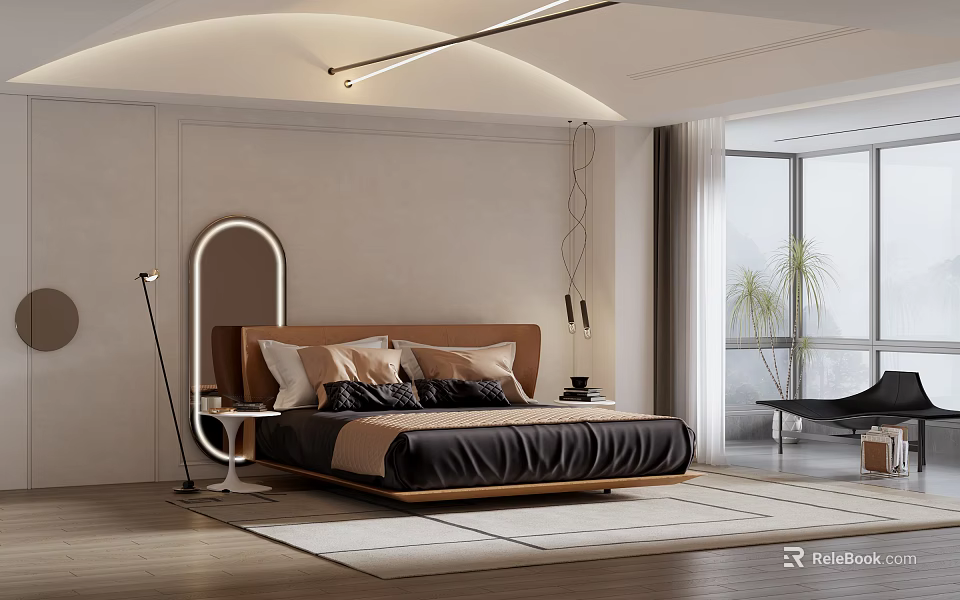 Modern Bedroom Interior With Wooden Headboard Bed Soft Pillows Round Mirror Floor Lamp And Large Window 3d model 