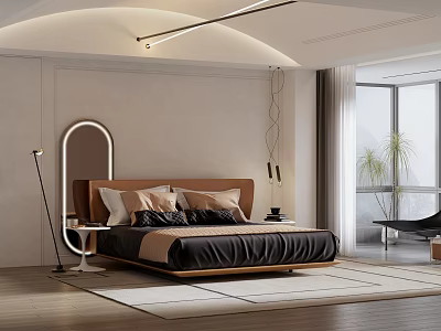 Modern Bedroom Interior With Wooden Headboard Bed Soft Pillows Round Mirror Floor Lamp And Large Window 3d model