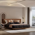 Modern Bedroom Interior With Wooden Headboard Bed Soft Pillows Round Mirror Floor Lamp And Large Window