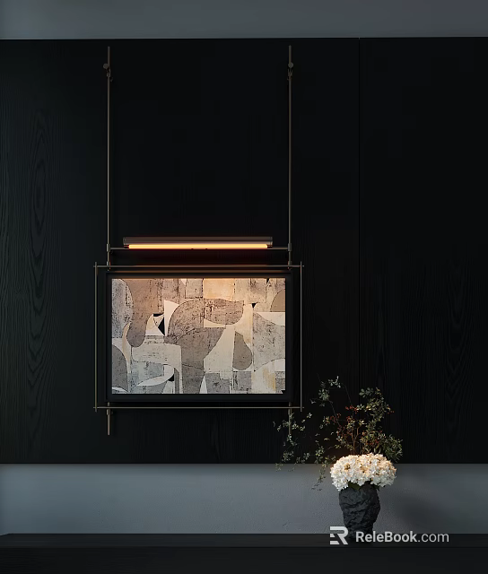 Modern Interior Wall With Geometric Painting Long Pendant Light Green Plants And White Bouquet 3d model 