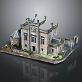 Ancient Stone Building Model Scenic Landscape With Tower Windows And Greenery Pathway