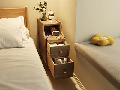 Wooden Bedside Table With Drawers Potted Plant Photo Frame And Alarm Clock By Bed 3d model