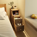 Wooden Bedside Table With Drawers Potted Plant Photo Frame And Alarm Clock By Bed
