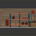 Multi Tier Metal Storage Shelves in Warehouse Corner Organizing Red Jars Wooden Boxes and Barrels