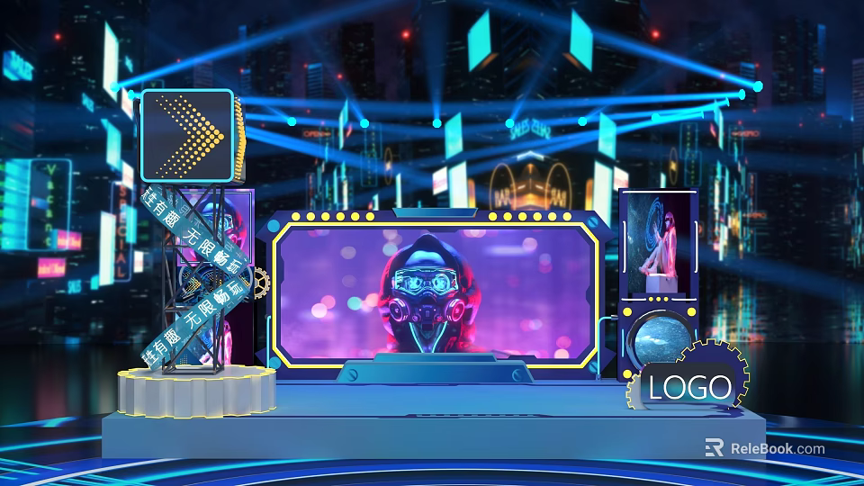 Cyberpunk Virtual Stage With Neon Lights Virtual Host And Cityscape 3d model