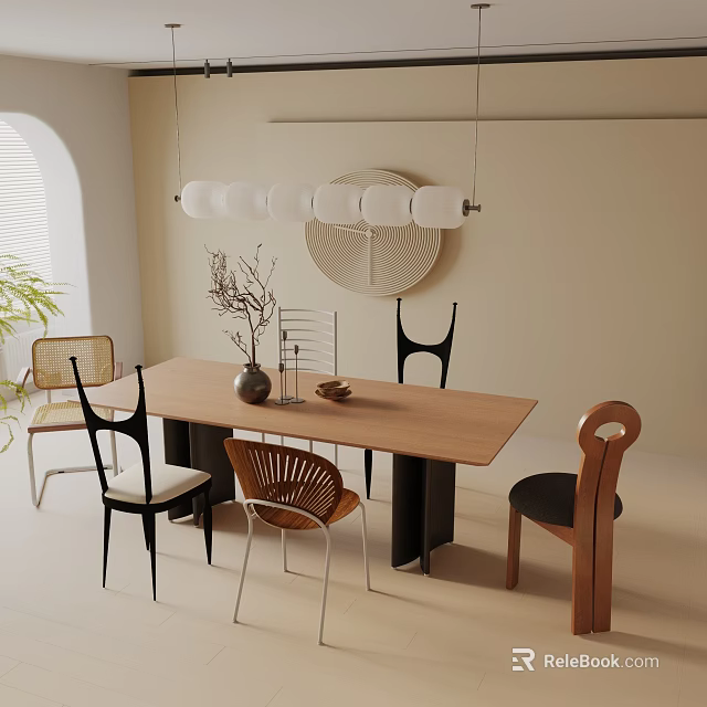 Modern Wooden Dining Table Set With Stylish Chairs Pendant Lights And Decor 3d model 