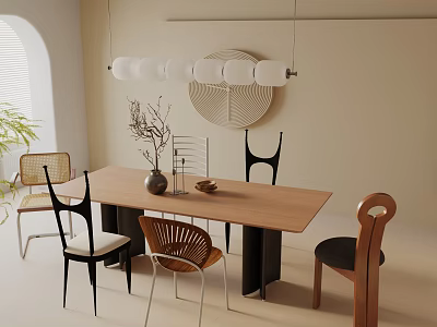 Modern Wooden Dining Table Set With Stylish Chairs Pendant Lights And Decor 3d model