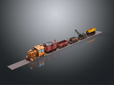 Yellow Headed Train with Red Cargo Cars and Yellow Crane Car on Railway Track Model 3d model