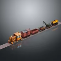 Yellow Headed Train with Red Cargo Cars and Yellow Crane Car on Railway Track Model