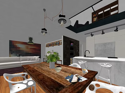 Modern Restaurant Interior With Wooden Table White Chairs Hanging Lights Green Plants And Bar Counter 3d model