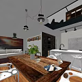 Modern Restaurant Interior With Wooden Table White Chairs Hanging Lights Green Plants And Bar Counter