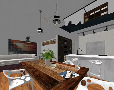 Modern Restaurant Interior With Wooden Table White Chairs Hanging Lights Green Plants And Bar Counter 3d model