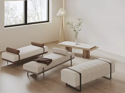 Modern Light Beige Linen Upholstered Ottoman Benches With Metal Legs And Wooden Table 3d model