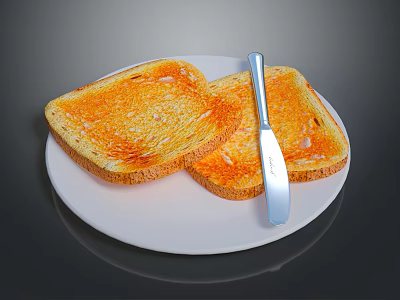Crispy Two Slices of Toast on White Plate with Silver Butter Knife 3d model