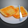 Crispy Two Slices of Toast on White Plate with Silver Butter Knife