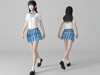 Woman Wearing White Short Sleeve Shirt Blue Plaid Skirt With White Socks And Black Shoes 3d model