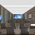 Spacious Modern Office Interior With Gray Chairs Large Screen Bookshelves And Green Plants