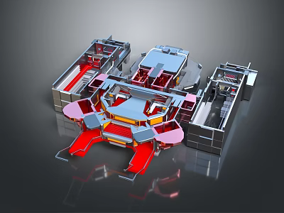 Cartoon Scene With 3D Rendered Mechanical Structure And Red Silver Parts 3d model