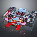 Cartoon Scene With 3D Rendered Mechanical Structure And Red Silver Parts