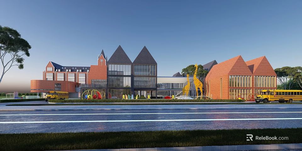 Modern School Building With Gabled Roofs Red Brick Exteriors And Outdoor Playground Area 3d model 