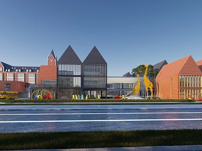 Modern School Building With Gabled Roofs Red Brick Exteriors And Outdoor Playground Area 3d model