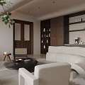 Modern Living Room With White Sofas Black Chair Round Rug And Floor To Ceiling Windows