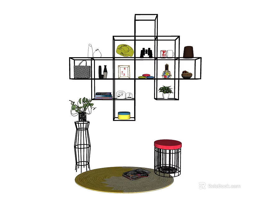 Stylish Wall Cabinets And Shelves With Potted Plant Stool Decorative Items And Rug 3d model 