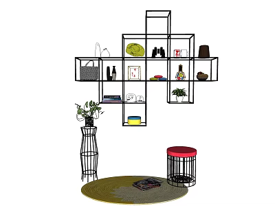 Stylish Wall Cabinets And Shelves With Potted Plant Stool Decorative Items And Rug 3d model