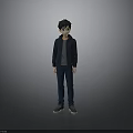 3D Character Model Of Boy In Dark Blue Jacket Gray Shirt Blue Pants Gray Shoes