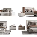 Modern Double Bed Interior Design With Neutral Bedding Upholstered Headboard And Side Nightstands 3d model