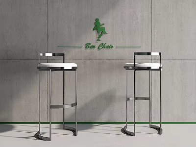 Modern Bar Chairs With Metal Frame And White Seat Against Grey Wall And Bar Logo 3d model