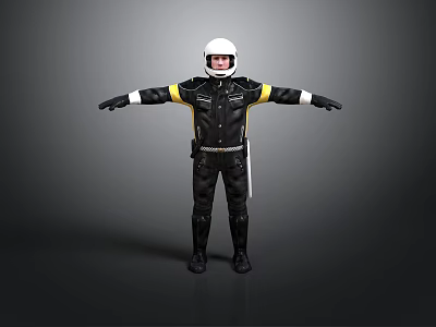 Motorcycle Rider In Black Uniform With White Helmet And Arms Outstretched 3d model