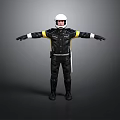 Motorcycle Rider In Black Uniform With White Helmet And Arms Outstretched