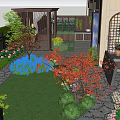 Garden Courtyard Landscape With Arched Gate Paved Patio Green Lawn And Colorful Plants