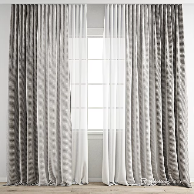 Gray Curtains With White Sheer Panels For Home Window Decoration 3d model 