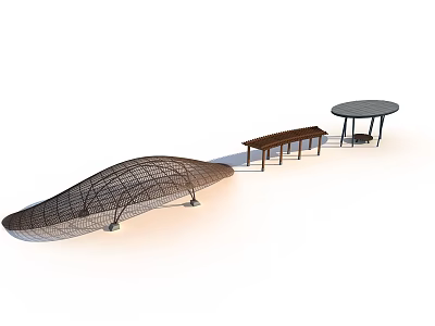 Curved Metal Frame Pergola Design With Wooden Bench And Round Outdoor Table 3d model
