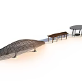 Curved Metal Frame Pergola Design With Wooden Bench And Round Outdoor Table
