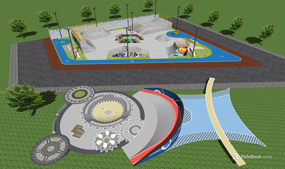 Colorful Skate Park Design With Ramps Decorative Gears And Green Lawn Areas 3d model 
