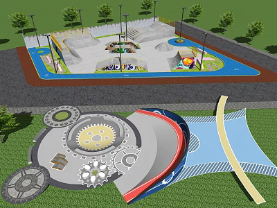 Colorful Skate Park Design With Ramps Decorative Gears And Green Lawn Areas 3d model