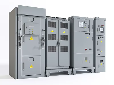 Gray Industrial Control Cabinets With Warning Signs Control Panels And Ventilation Grilles 3d model