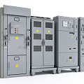 Gray Industrial Control Cabinets With Warning Signs Control Panels And Ventilation Grilles