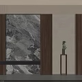 Minimalist Wooden Entryway Cabinet With Illuminated Marble Backdrop And Side Cabinet With Potted Plant