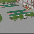 School Building Campus With Outdoor Basketball Courts Green Plants And Red Flag