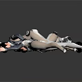 Silver Humanoid Figures With Black Heads In Various Poses On White Background