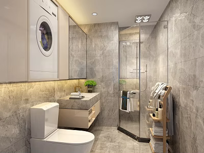 Modern Family Bathroom With Grey Marble Tiles Built In Washing Machine And Glass Shower Area 3d model